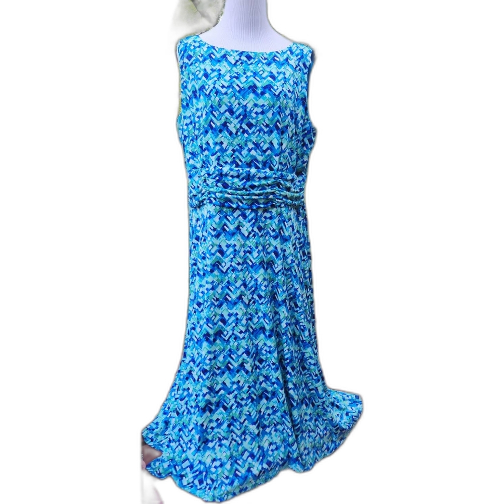 Blue sleeveless dress soft fitted waist pull over midi length 18 W